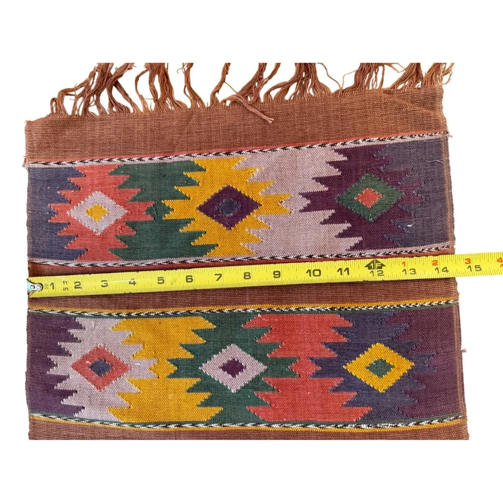 Vintage Southwestern Kilim Table Runner Handwoven Geometric Fringed Textile 57in